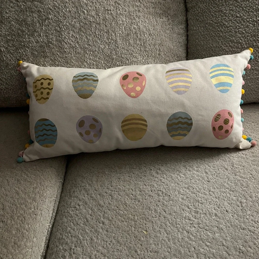 Easter Egg Lumbar‎ Pillow Pastel Gold Foil Pom Pom Trim Spring Decor White